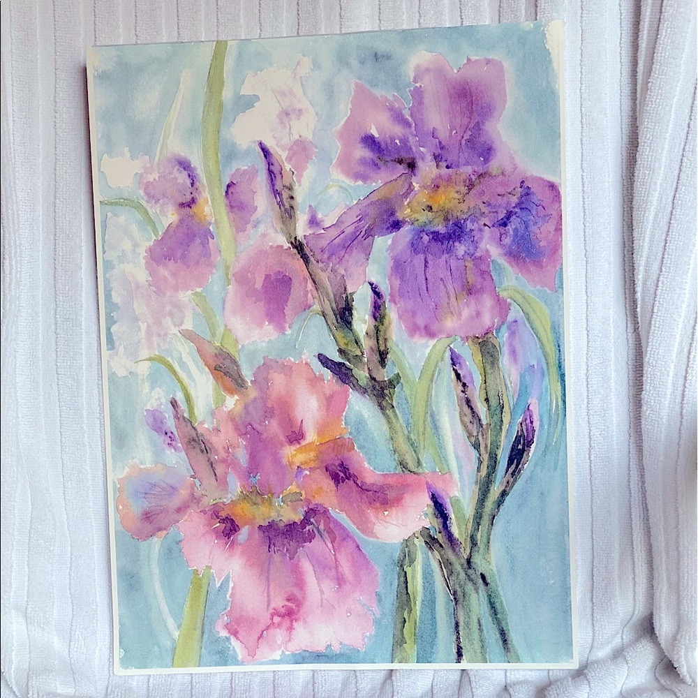 PRINT OF AN ORIGINAL WATERCOLOR IRIS FLORAL LIGHT PAPER LIMITED EDITION SIGNED